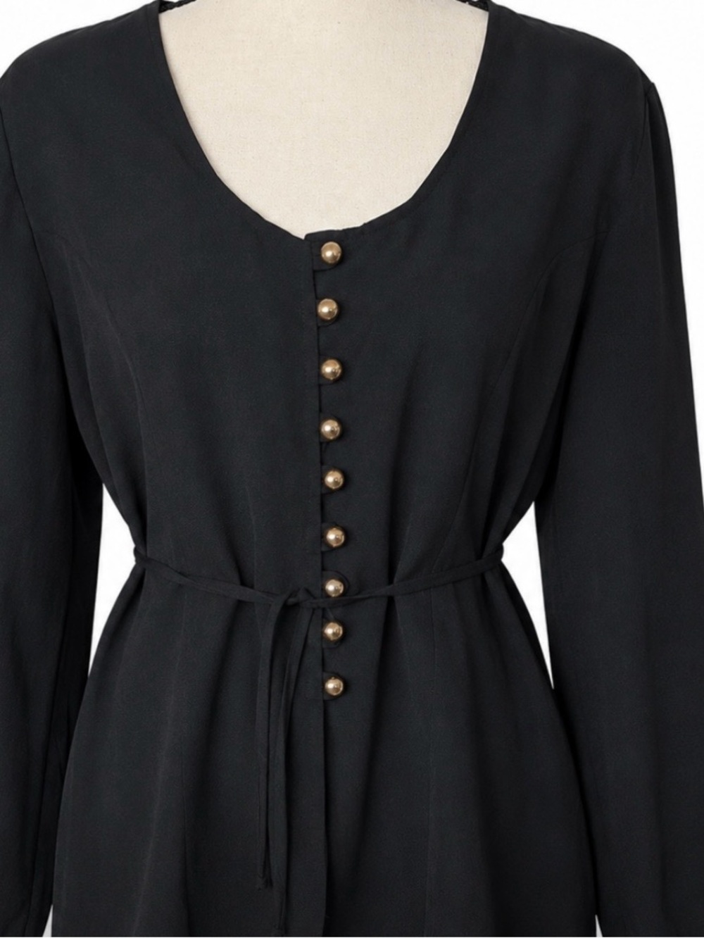 Black Button Front Tie Waist Blouse Top Made in Canada Classic Whimsigoth 16